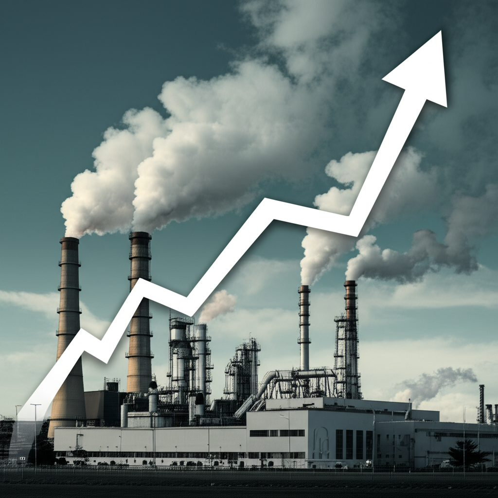 ภาพประกอบโรงงานที่มีราคาสินค้าพุ่งสูงขึ้นพร้อมกราฟแนวโน้มขาขึ้น แสดงถึงดัชนีราคาผู้ผลิต