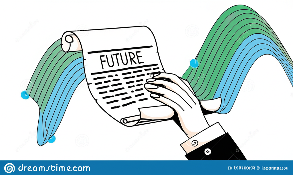 金融市場插圖,展示股票指數抽象線條與手持期貨合約捲軸,象徵股指期貨交易無需實物股票持有