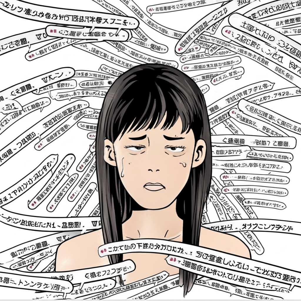 日本女演員痛苦表情,周圍環繞新聞標題與匿名網路評論,強調私密內容洩露的影響