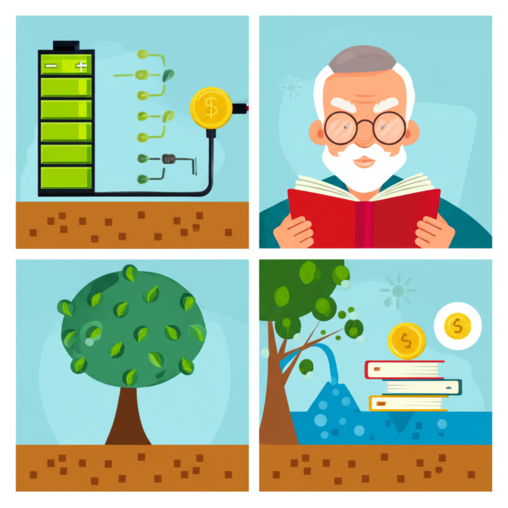 多樣化蓄積情境的插圖,包括電池儲電、人物閱讀獲取知識、樹木吸收水分與養分,展現蓄積的不同應用