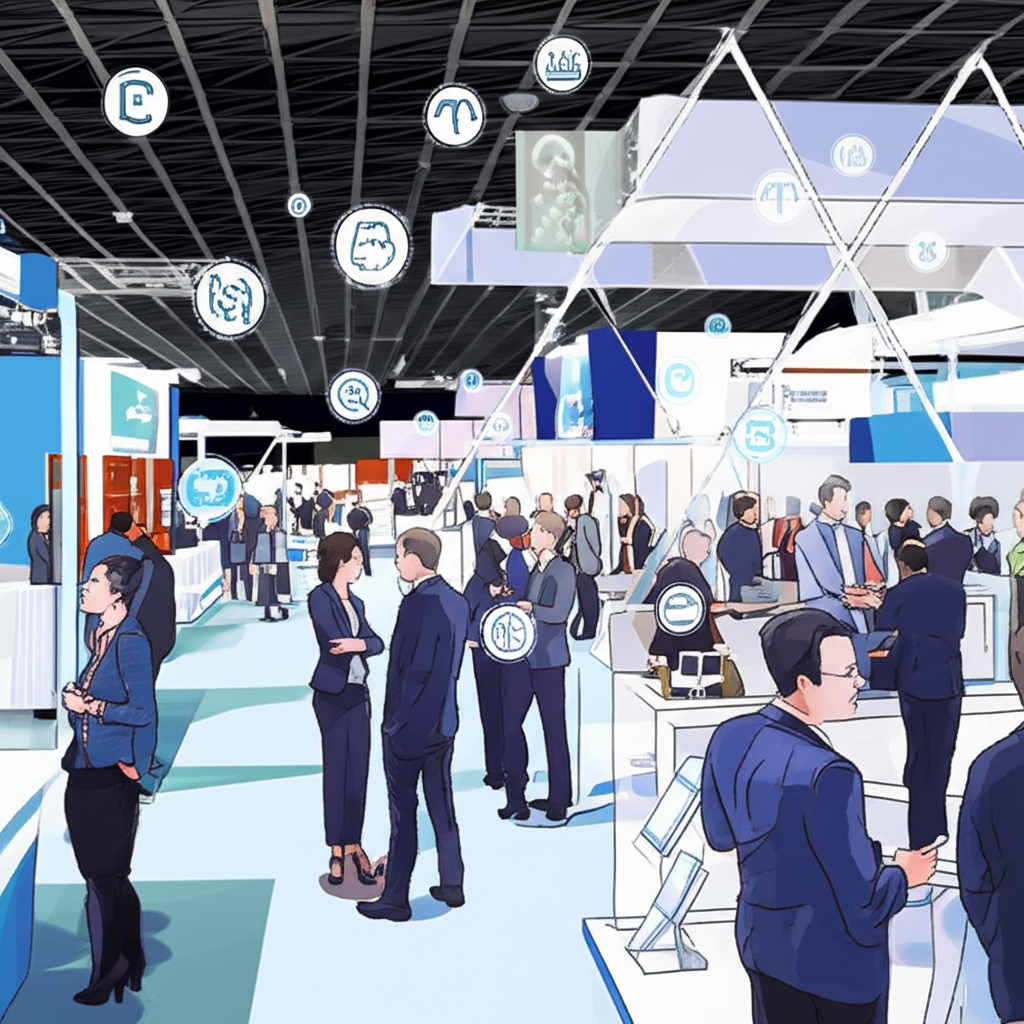 ภาพประกอบผู้เชี่ยวชาญหลากหลายอาชีพกำลังสร้างเครือข่ายในงานแสดงสินค้าสมัยใหม่ พร้อมสัญลักษณ์ forex ฟินเทค และสินทรัพย์ดิจิทัลลอยรอบๆ