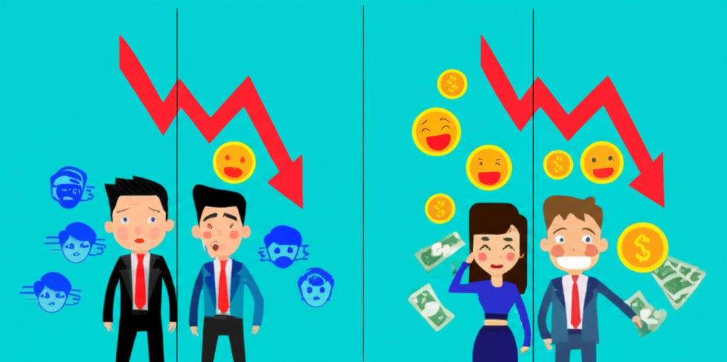 人們在不同經濟階段的體驗圖示,一側為樂觀上升的圖表與財富,另一側為憂慮下降的圖表與失業符號