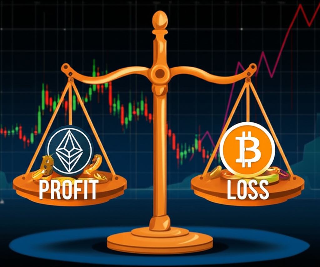 風險回報比的平衡秤,象徵獲利與損失的權衡,在充滿股票圖表與加密符號的動態金融背景中