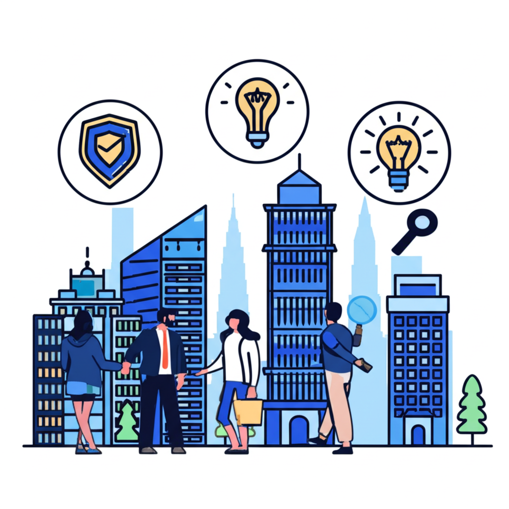 股指期貨三種角色插圖:盾牌代表避險、放大鏡代表投機、燈泡代表價格發現,背景為繁忙金融城市景觀