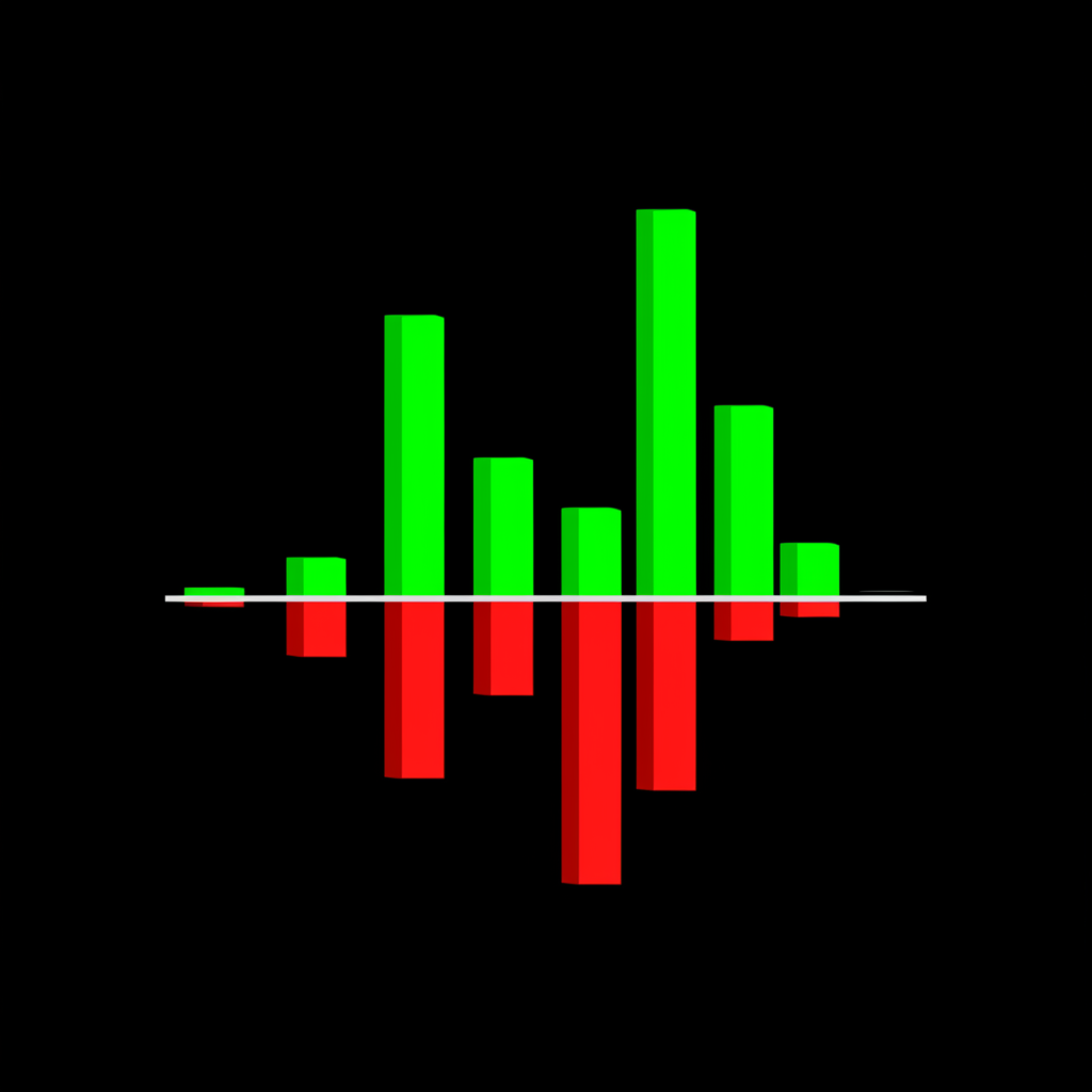กราฟตัวอย่าง Awesome Oscillator แสดงฮิสโตแกรมสีเขียวและแดงรอบเส้นศูนย์