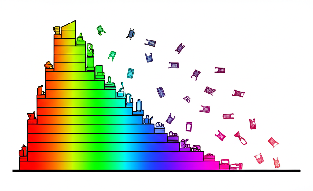 兩個場景對比的插圖,一邊物品整齊堆疊逐漸增長代表蓄積,另一邊物品散落或耗盡代表消耗,呈現語意光譜風格