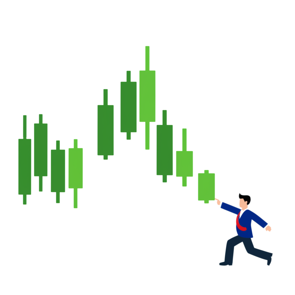 illustration market psychology buyer pushing price up creating long upper shadow after a downtrend on a candlestick chart