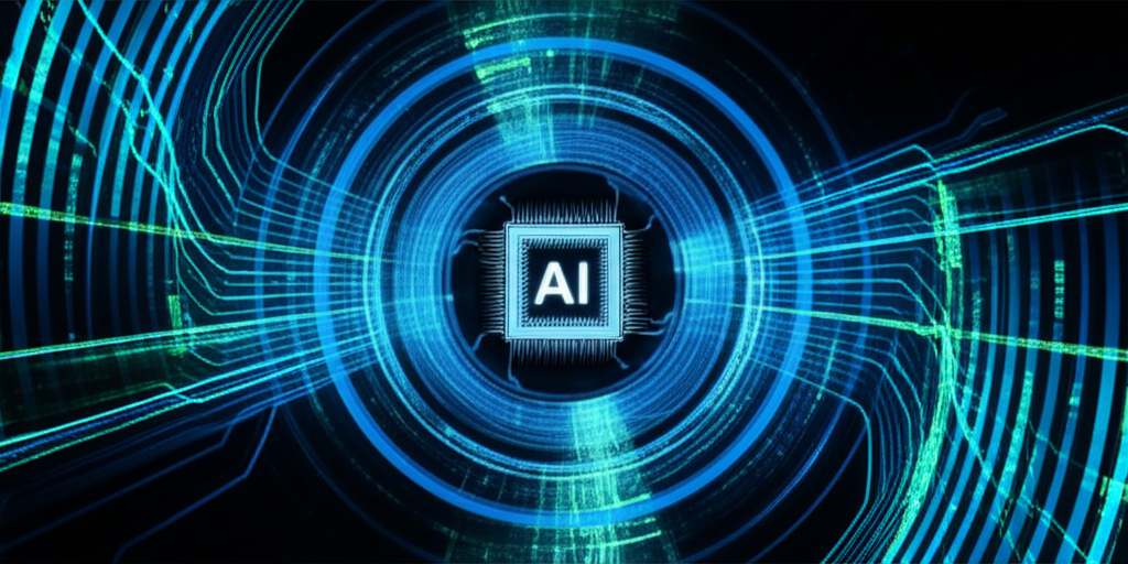 ภาพประกอบชิป GPU ที่ทรงพลังอยู่ตรงกลางของกระแสข้อมูลดิจิทัลที่หมุนวน แสดงถึงเทคโนโลยี AI และเกม