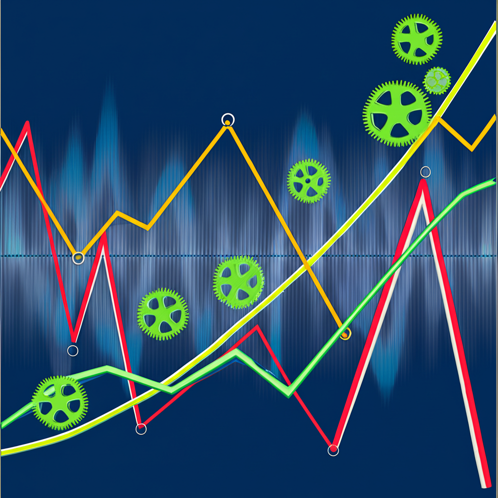 經濟系統內部動態圖示,展示擴張因資源限制達高峰後收縮至谷底,再因需求與政策刺激反彈
