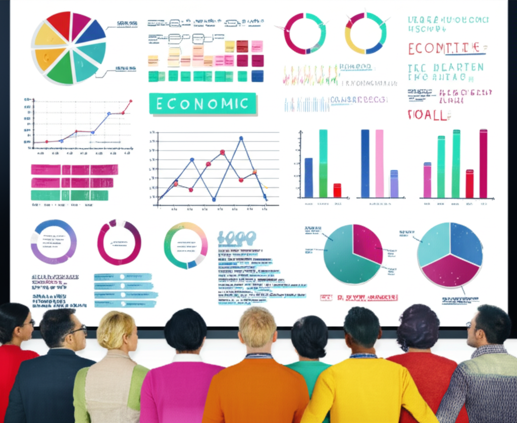 กลุ่มคนหลากหลายกำลังดูกราฟและข้อมูลเศรษฐกิจต่างๆ