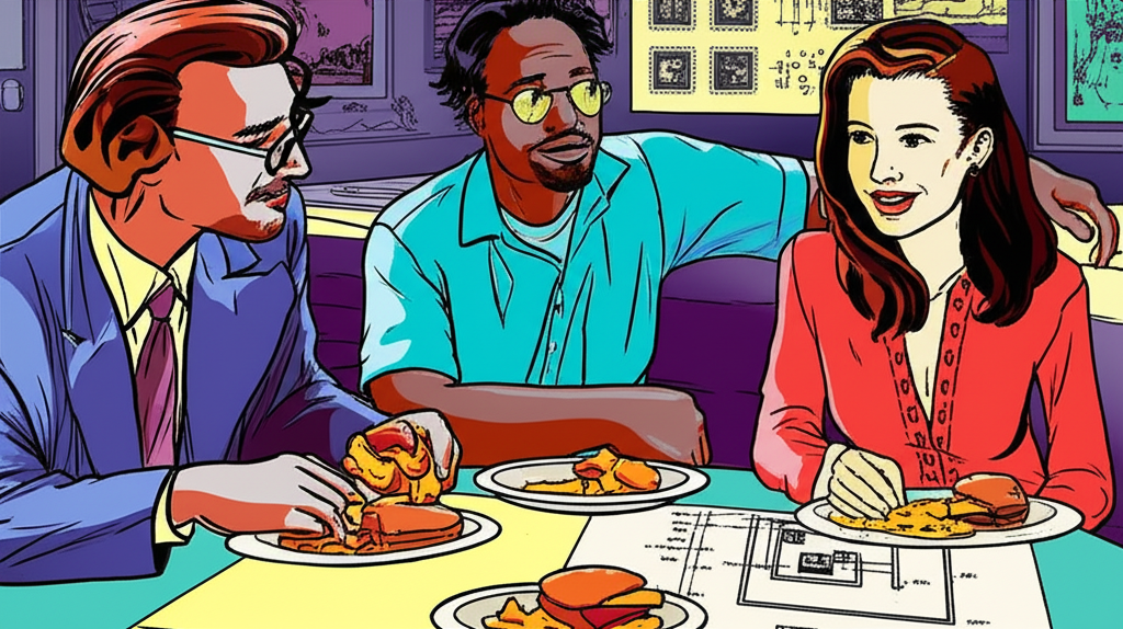 ภาพประกอบสามผู้ก่อตั้งกำลังสนทนาในร้านอาหารเกี่ยวกับกราฟิกคอมพิวเตอร์ พร้อมแบบร่างชิปยุคแรกและวิสัยทัศน์อนาคต