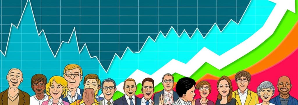 日本股市熱鬧場景,顯示上漲圖表與多元投資者象徵新興機會