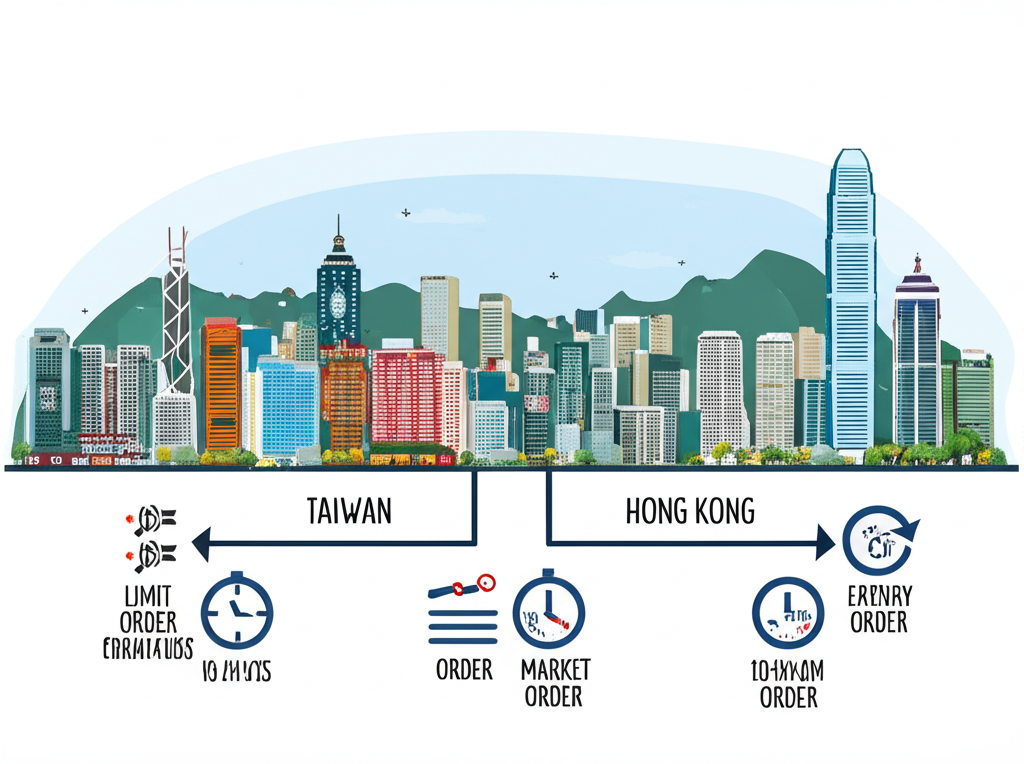 台灣與香港城市天際線連結,象徵跨市場股票交易時間比較