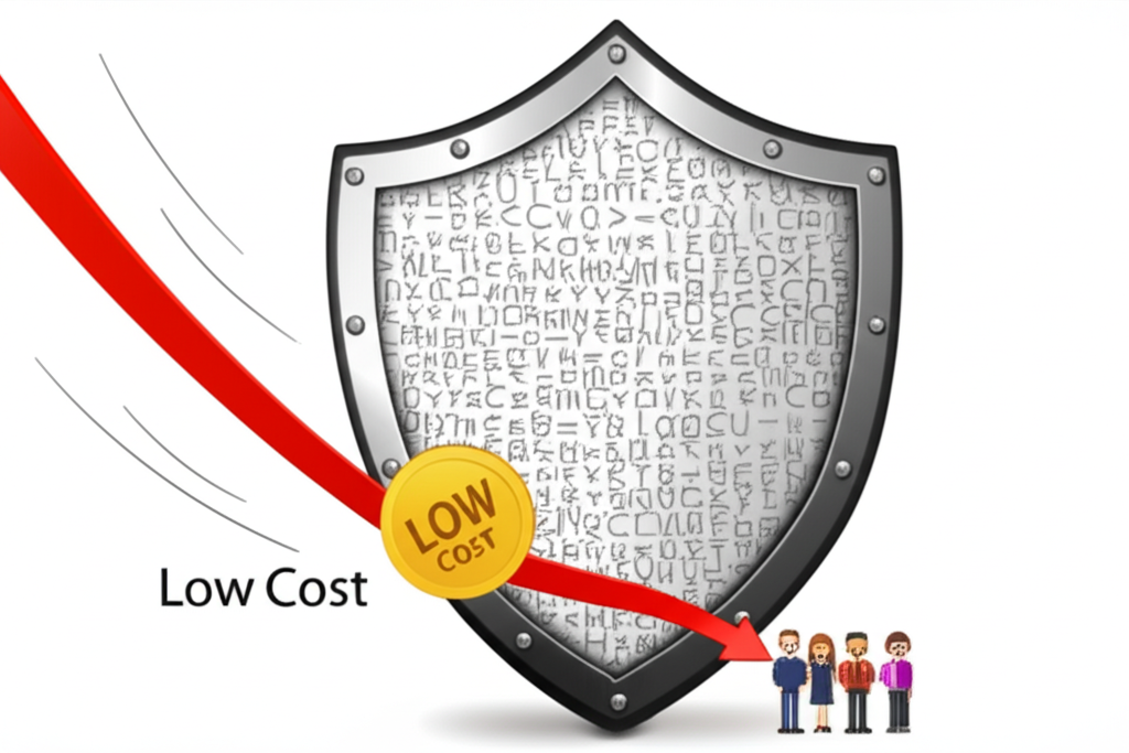股票符號盾牌保護投資者,伴隨低成本與快速箭頭象徵風險管理