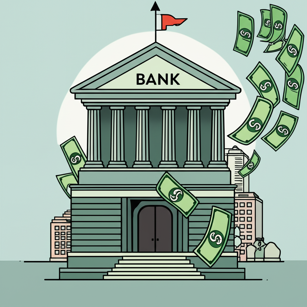 中央銀行建築物圖示,顯示市場資金流入央行,代表逆回購抽走流動性的短期借貸工具