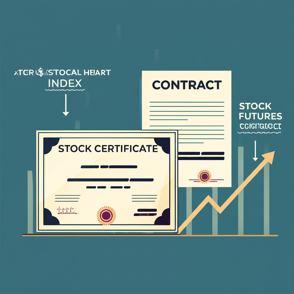 三種金融工具差異插圖:單一股票證書、股票指數圖表與股票期貨合約,強調槓桿與風險分散特色