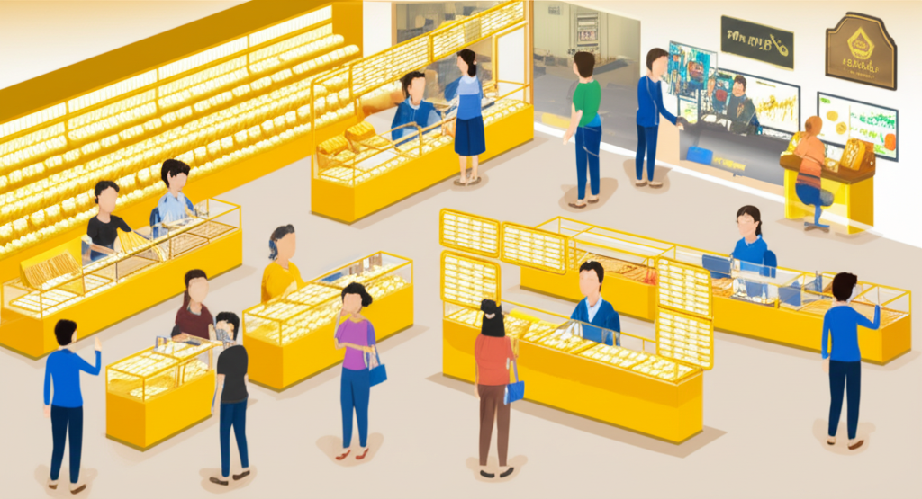 ร้านทองไทยที่มีลูกค้าและพนักงาน สำนักงานบริษัททองขนาดใหญ่กับหน้าจอซื้อขายออนไลน์