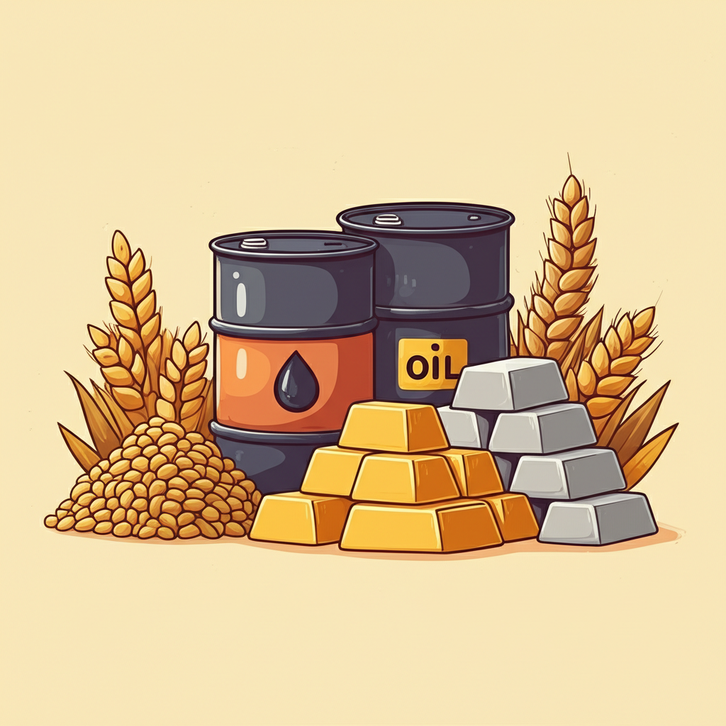 ภาพประกอบสินค้าโภคภัณฑ์หลากหลาย เช่น ถังน้ำมัน ก้อนทอง ธัญพืช และแท่งโลหะ แสดงถึงเศรษฐกิจโลกในสไตล์สดใสเป็นมิตร