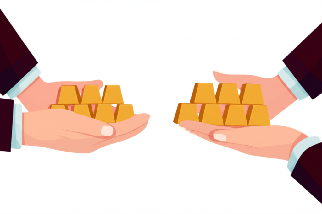 ภาพประกอบมือแลกเปลี่ยนวัตถุดิบมาตรฐาน เช่น ก้อนทองหรือถังน้ำมันในตลาดโลกบนพื้นหลังสะอาด