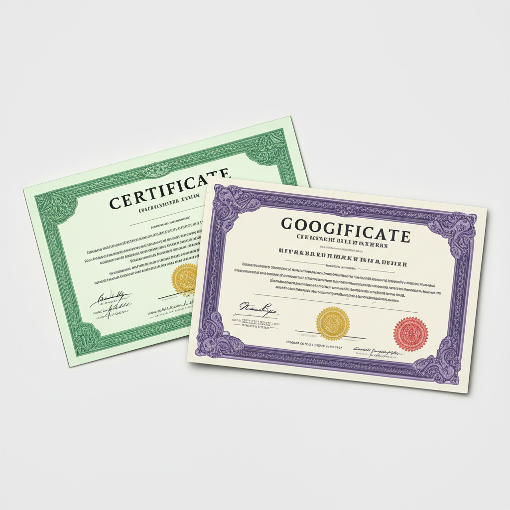 ภาพประกอบใบรับรองหุ้นสองฉบับติดป้าย GOOGL และ GOOG ที่แสดงความแตกต่างด้านสิทธิโหวตอย่างละเอียด