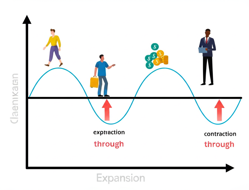 經濟週期四階段的波浪圖示,顯示擴張、高峰、收縮和谷底階段