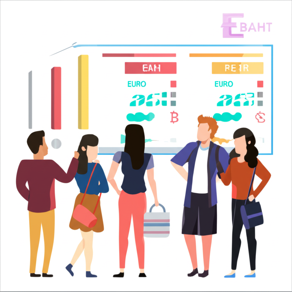 Thai people checking Euro Baht exchange rate on a digital screen illustration