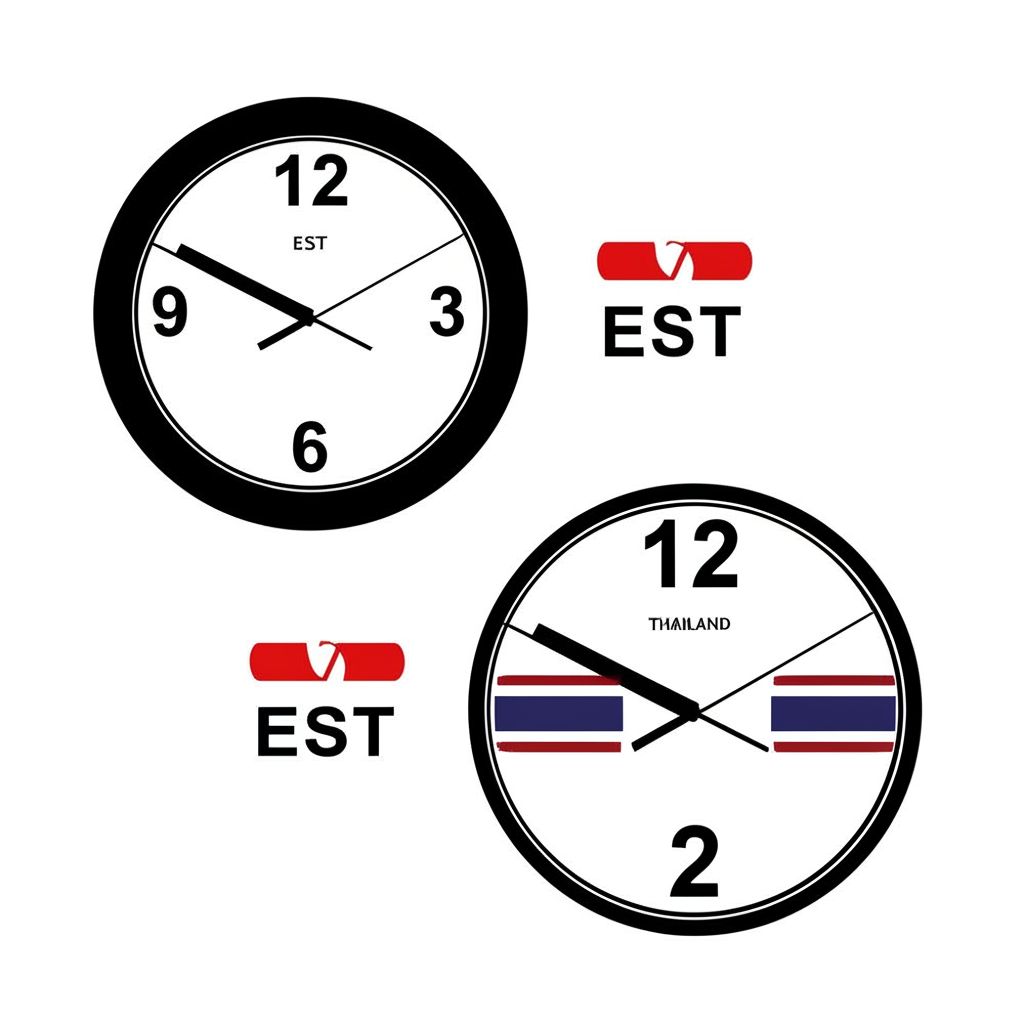 ภาพประกอบนาฬิกาสองเรือนหนึ่งสำหรับ EST และอีกหนึ่งสำหรับประเทศไทย แสดงความแตกต่าง 12 ชั่วโมงอย่างชัดเจน
