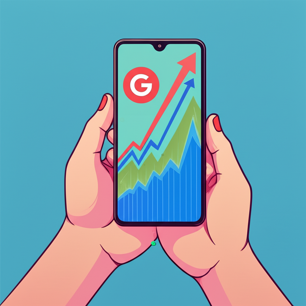 ภาพประกอบนักลงทุนถือสมาร์ทโฟนพร้อมโลโก้ Google และกราฟหุ้นที่แสดงการเติบโตของการลงทุนในเทคโนโลยี