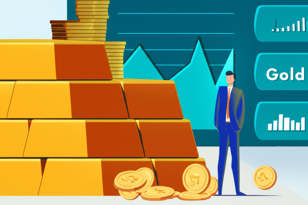 ภาพประกอบทองคำแท่งและเหรียญทองกับกราฟดิจิทัลที่แสดงแนวคิดสินทรัพย์ปลอดภัย