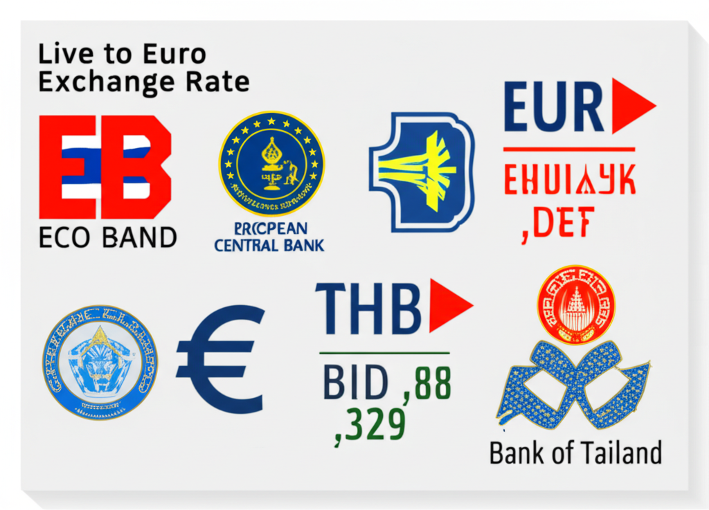 A digital display showing live Euro to Thai Baht exchange rates with central bank symbols illustration