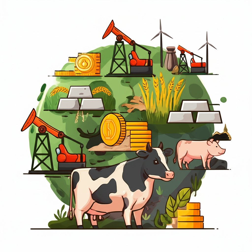 ภาพประกอบประเภทสินค้าโภคภัณฑ์ต่างๆ เช่น พลังงาน โลหะ เกษตร และปศุสัตว์ ด้วยไอคอนเช่นแท่นขุดเจาะน้ำมัน เหรียญทอง ต้นข้าว และวัวใน布局สดใส