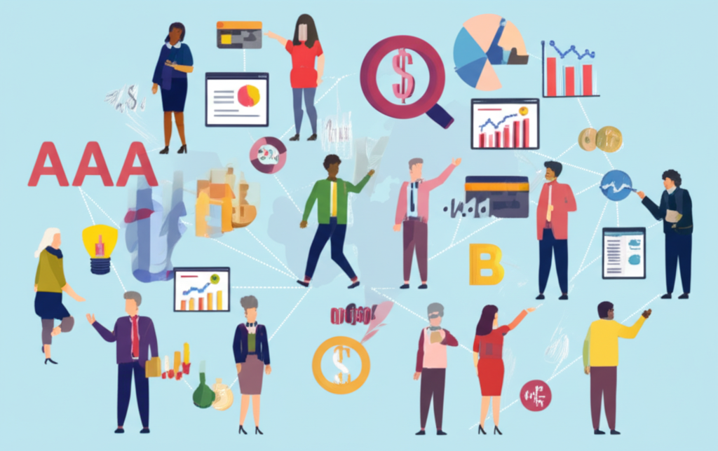 多元群體與企業在複雜金融世界中導航,信用評級符號浮現代表風險評估與財務決策