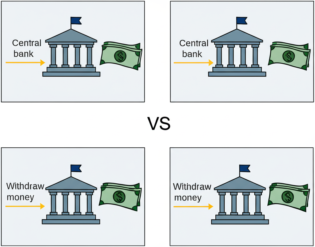 正回購與逆回購比較圖示,顯示央行抽走資金與注入資金的對比流向