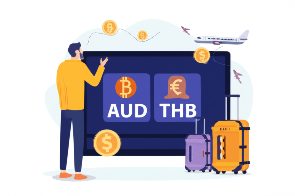 ภาพประกอบคนไทยกำลังศึกษากราฟค่าเงิน AUD และ THB พร้อมองค์ประกอบการท่องเที่ยวและการลงทุน