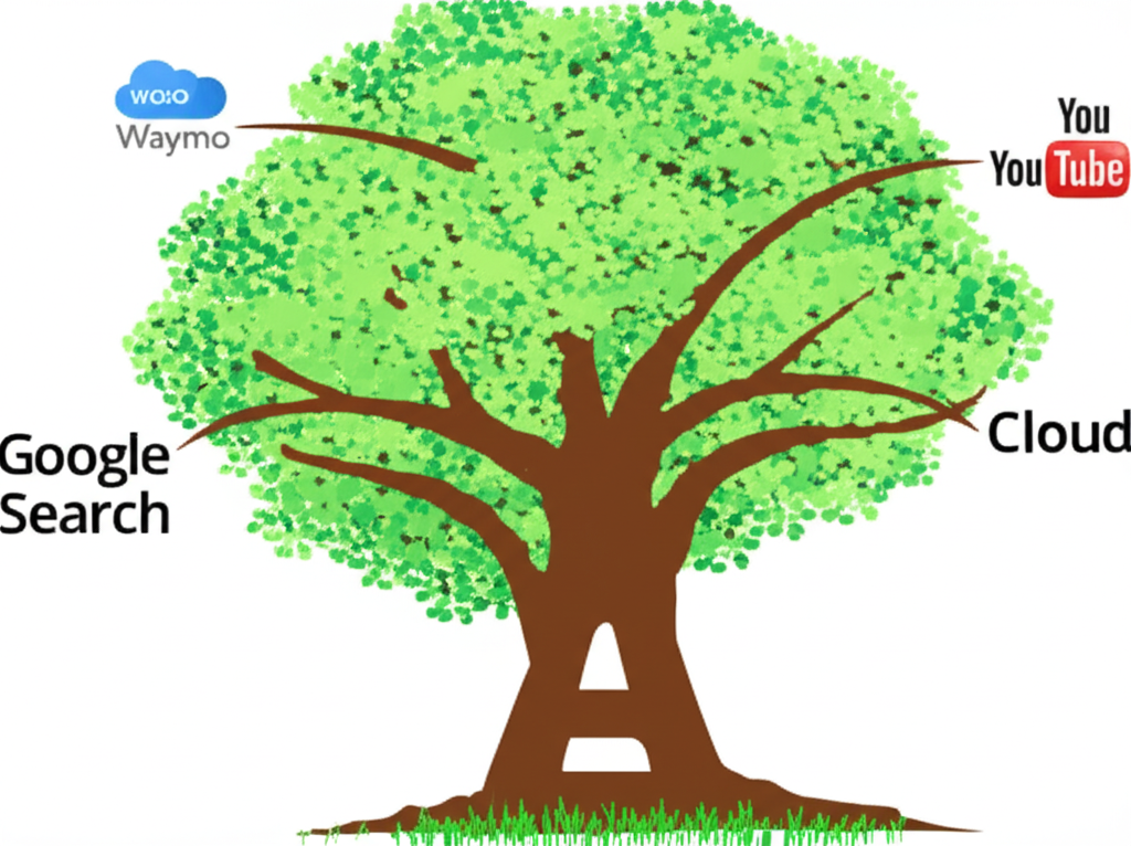 ภาพประกอบต้นไม้ใหญ่แทน Alphabet ที่มีกิ่งก้านสาขาสำหรับ Google Search, YouTube, Waymo และ Cloud แสดงถึงการกระจายธุรกิจ