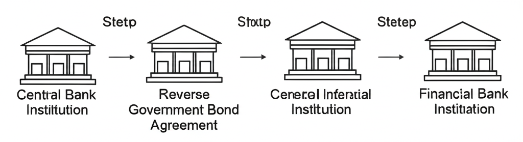 逆回購協議步驟圖示,央行出售政府債券給金融機構並稍後買回加利息,顯示資金從市場流向央行的過程