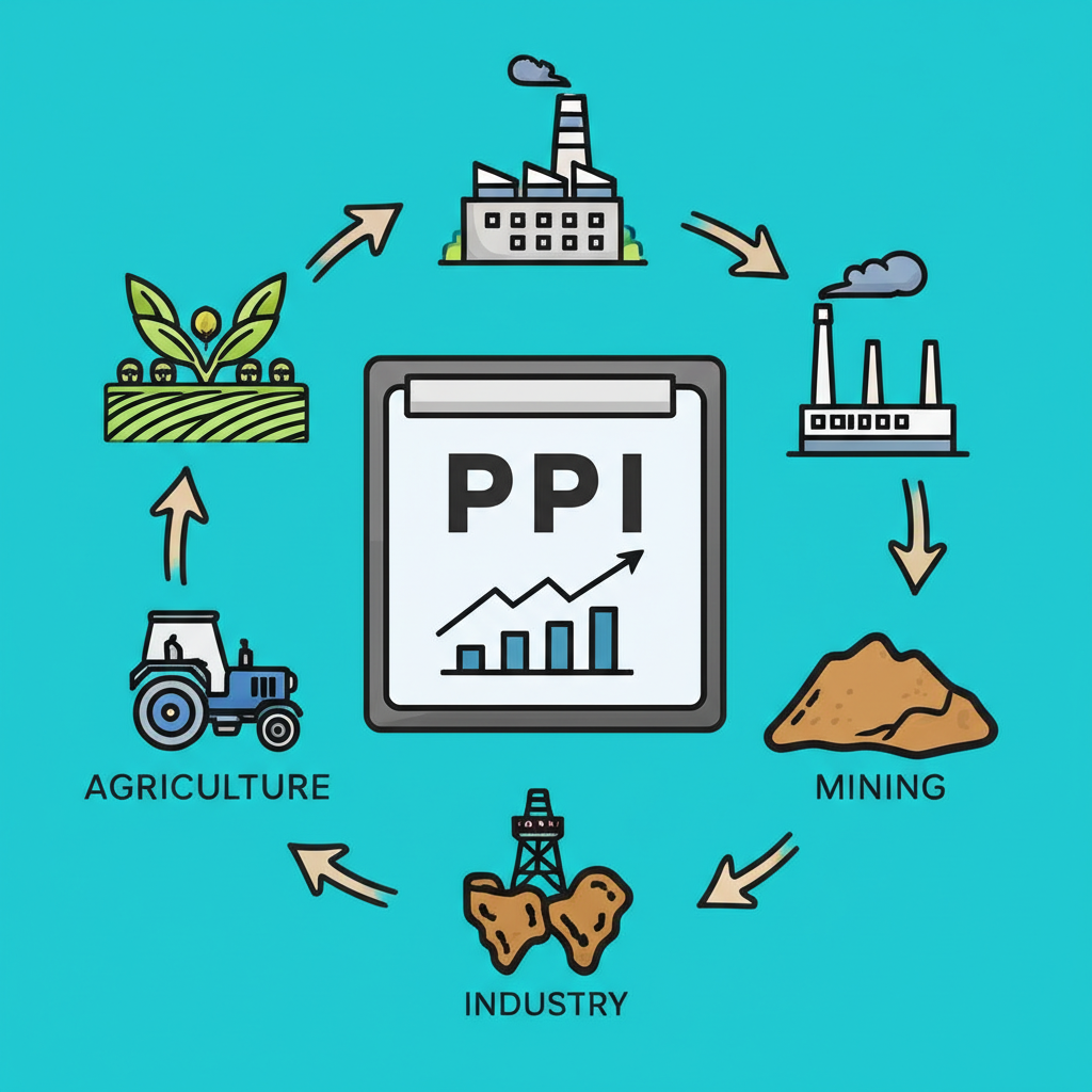 ภาพประกอบภาคส่วนต่างๆ เช่น เกษตรกรรม อุตสาหกรรม และเหมืองแร่ ที่มีส่วนร่วมในแผนภูมิคำนวณดัชนีราคาผู้ผลิต