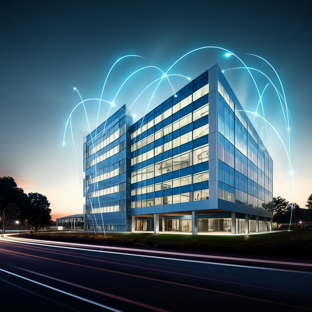 ภาพประกอบอาคารสำนักงานใหญ่ในอนาคตที่ซานตาคลารา แคลิฟอร์เนีย พร้อมการเชื่อมโยงทั่วโลกแสดงอิทธิพลด้านเทคโนโลยี