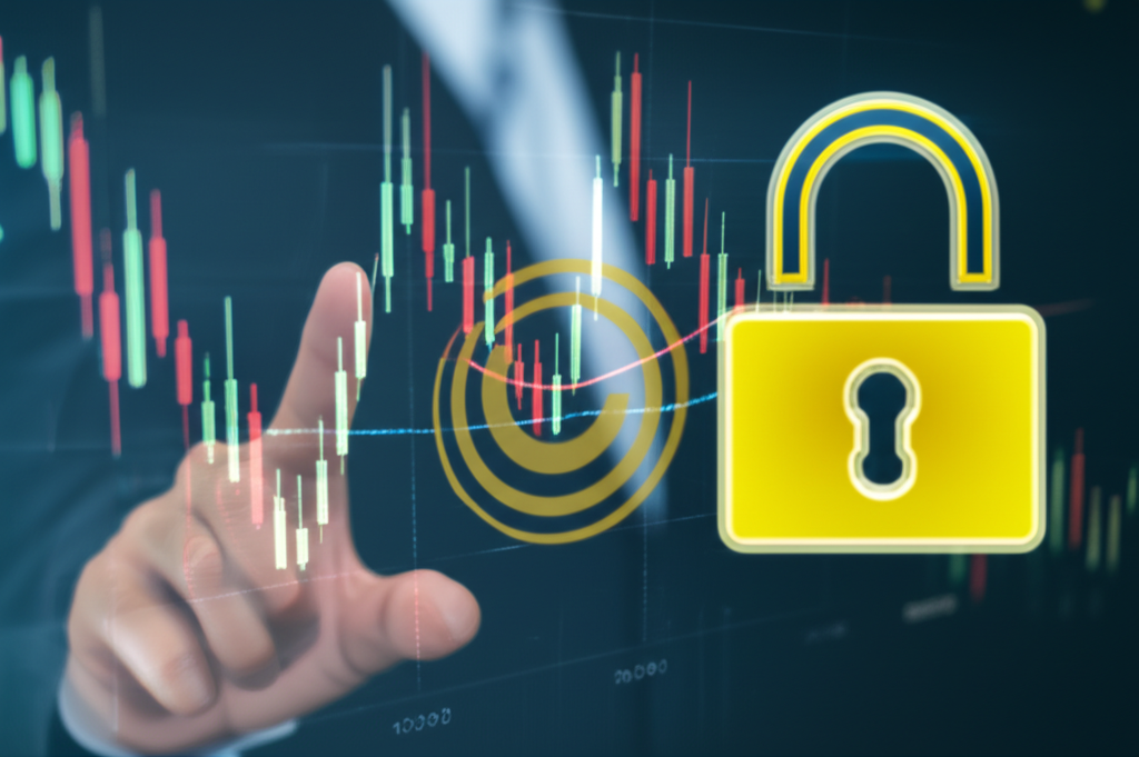 ภาพประกอบเทรดเดอร์ตั้งจุดทำกำไรบนกราฟพร้อมไอคอนล็อกที่แสดงถึงการล็อกกำไรอัตโนมัติ