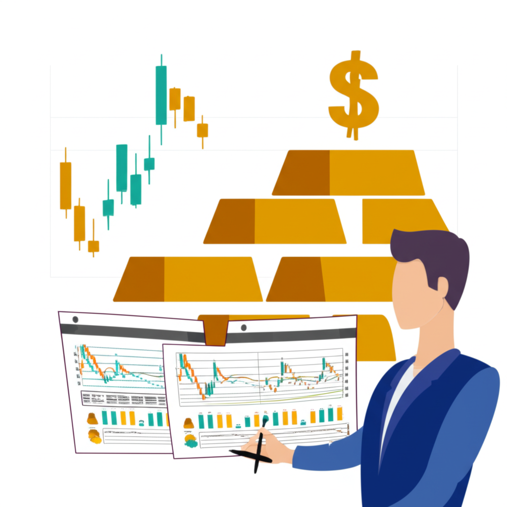 นักลงทุนทองคำวางแผนกลยุทธ์ตรวจสอบเวลาตลาดบริหารความเสี่ยงสินทรัพย์ปลอดภัยกราฟดิจิทัล