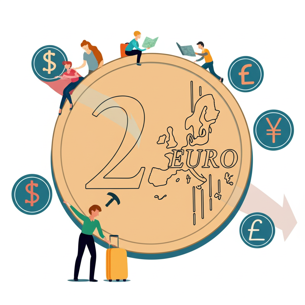 歐元幣與全球金融市場符號及人們規劃旅行或投資的插圖,展現全球影響與財務決策