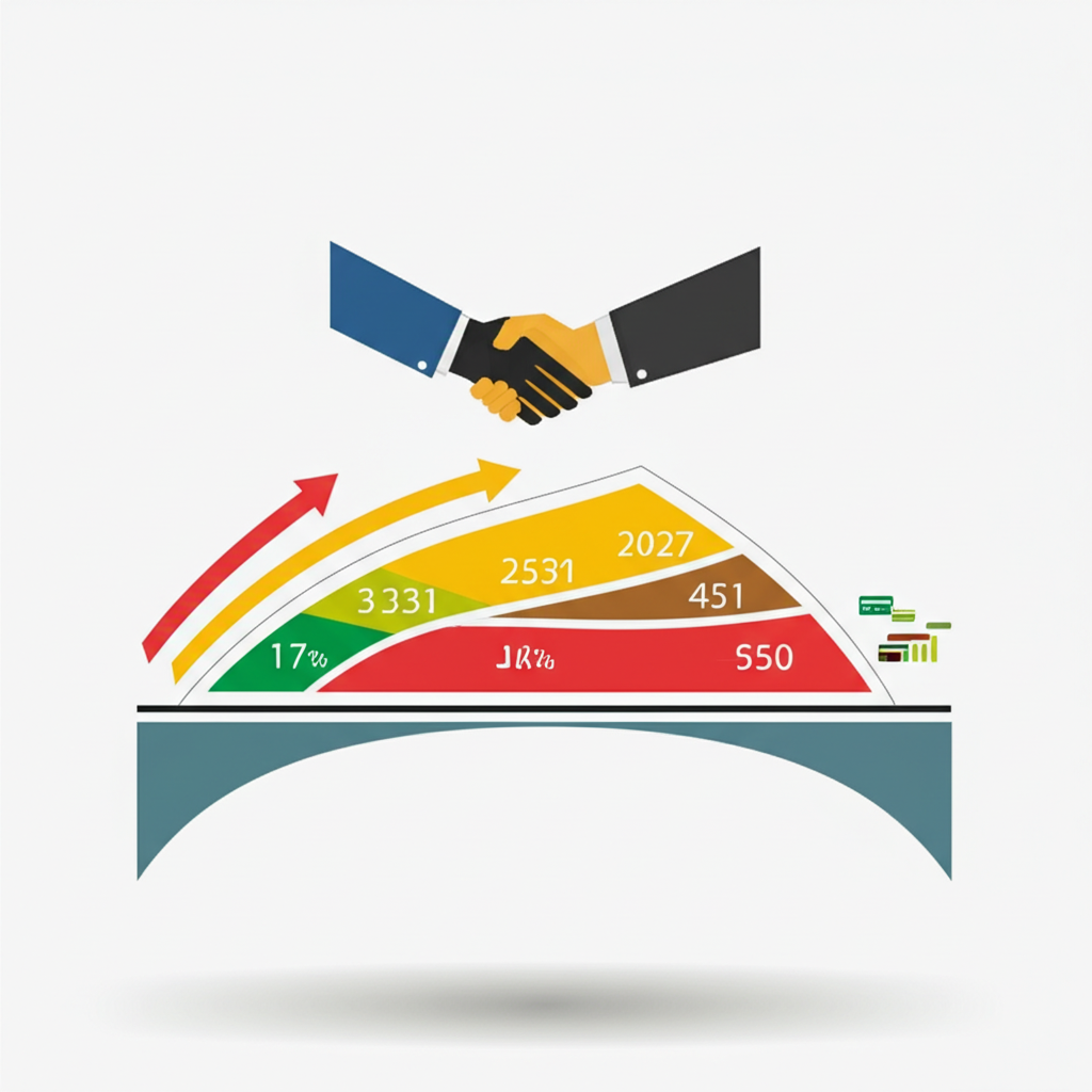 兩手在信用分數橋樑上握手,象徵金融信任與資訊不對稱減少,資本順暢流動與穩定符號