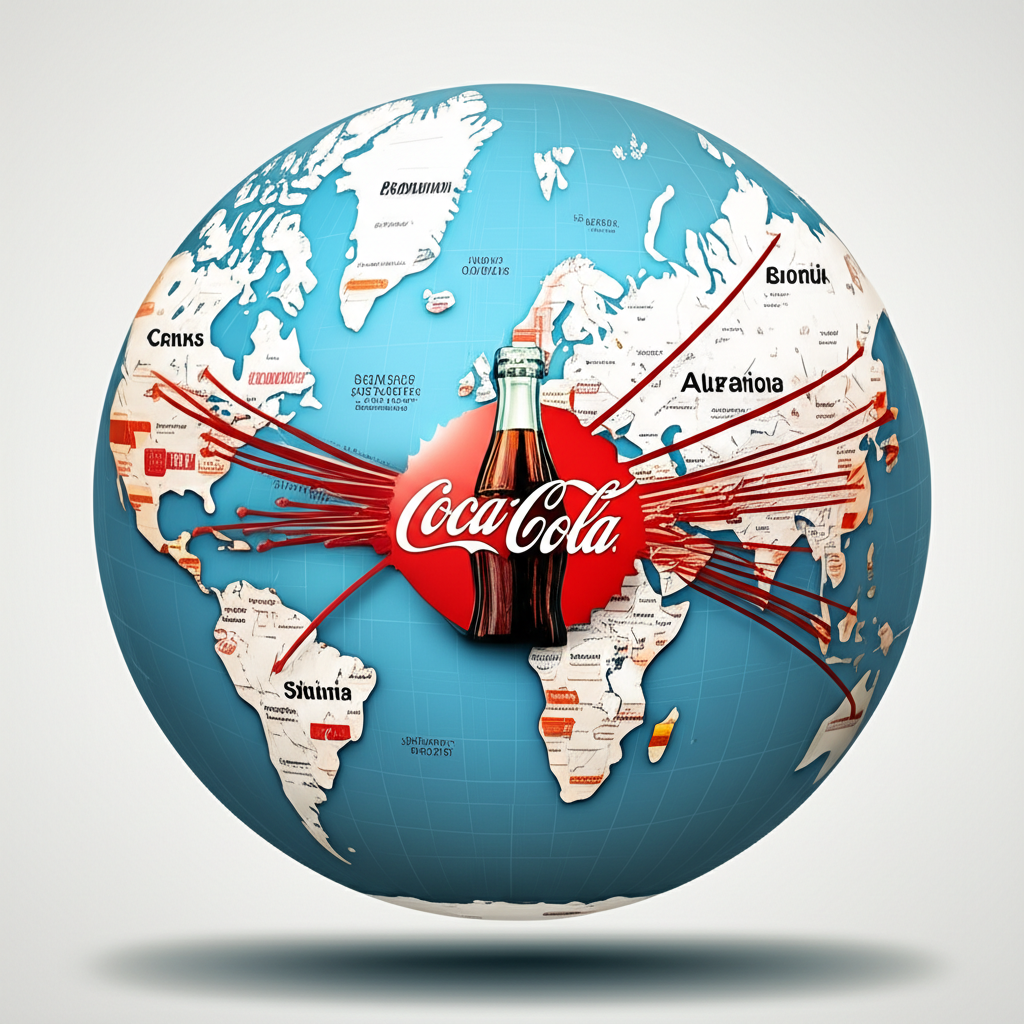 全球投資地圖上可口可樂標誌閃耀,象徵穩定長期價值吸引多元投資者