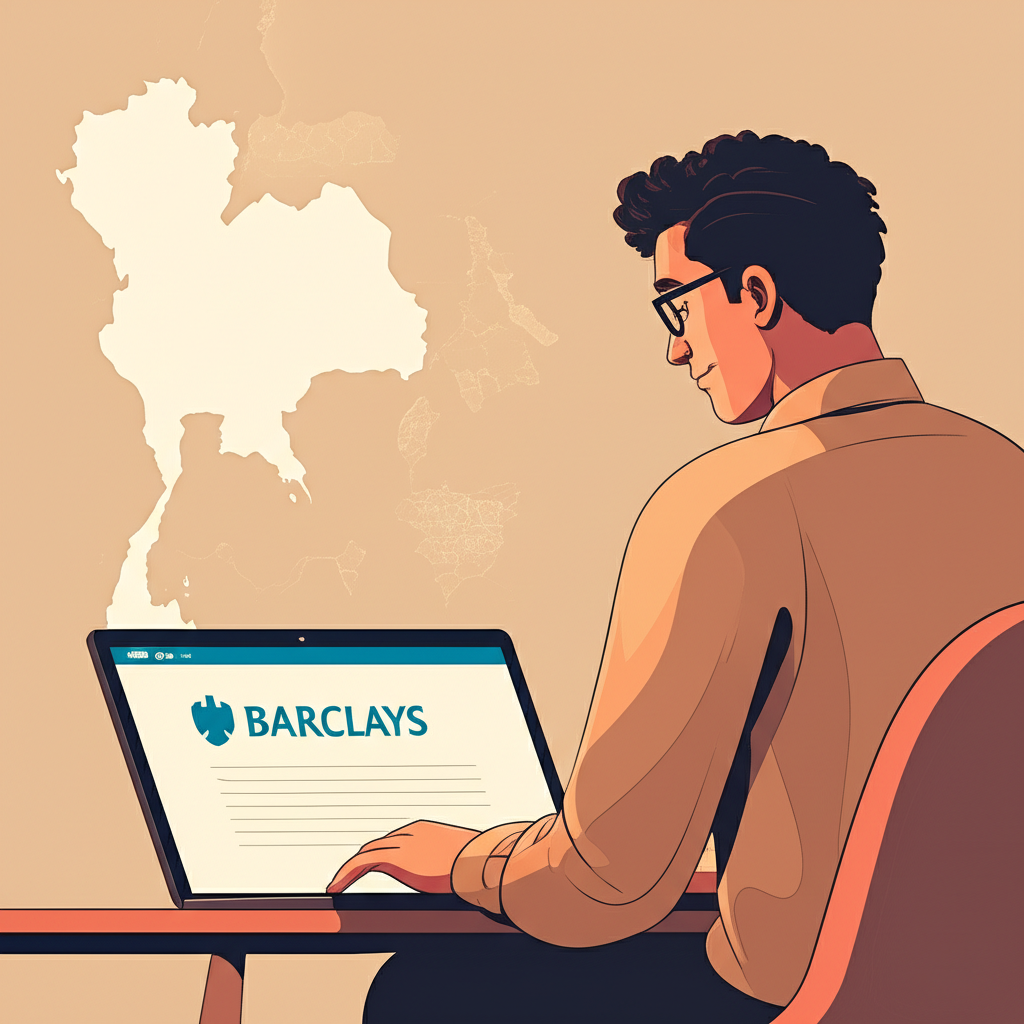 ภาพประกอบชาวอังกฤษที่อาศัยในประเทศไทยกำลังใช้แล็ปท็อปกับโลโก้ Barclays และแผนที่ไทยในพื้นหลังที่เกี่ยวข้องกับการเงินระดับโลก