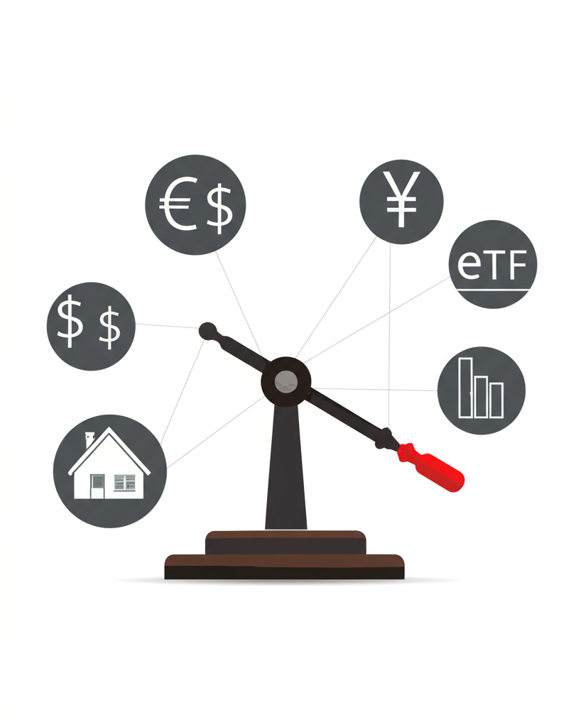 金融資產多樣應用槓桿的插圖，連結外匯、股票、房產與ETF