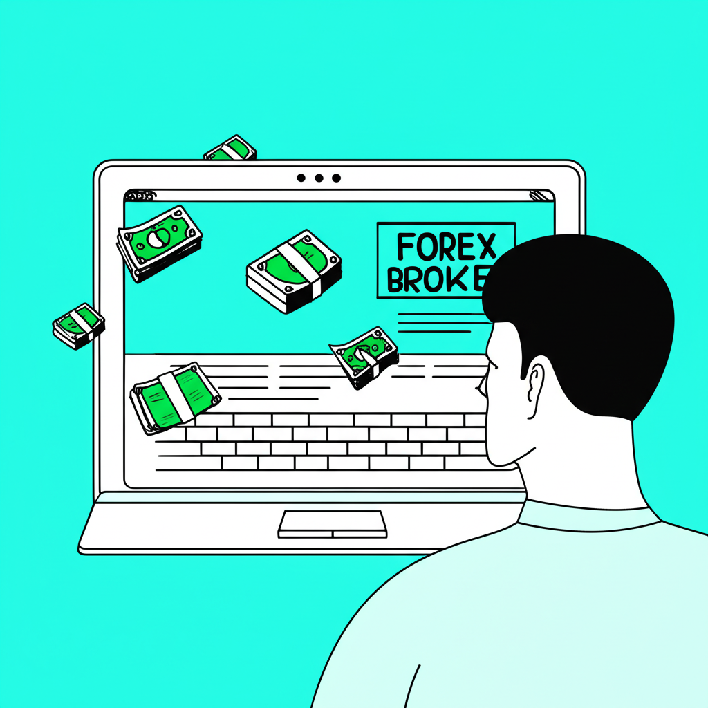 Illustration of a person looking worriedly at a disappearing forex broker website on a laptop screen with money flying away