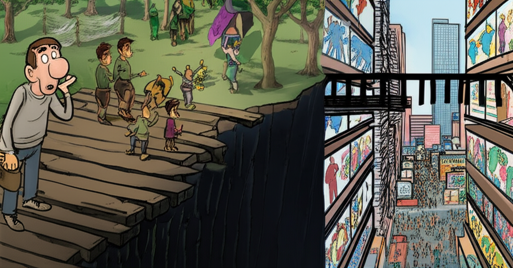 Illustration of a broken bridge between a trader and a global market representing a dishonest forex broker