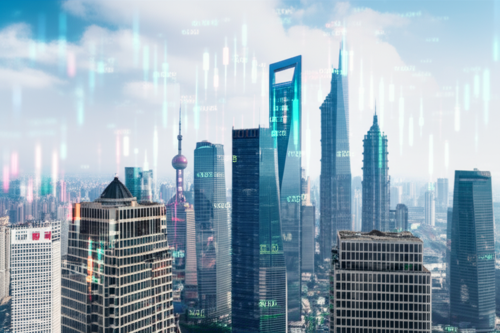 繁華的上海金融區,現代摩天大樓與數位市場數據流動,象徵中國資本市場的迅猛發展