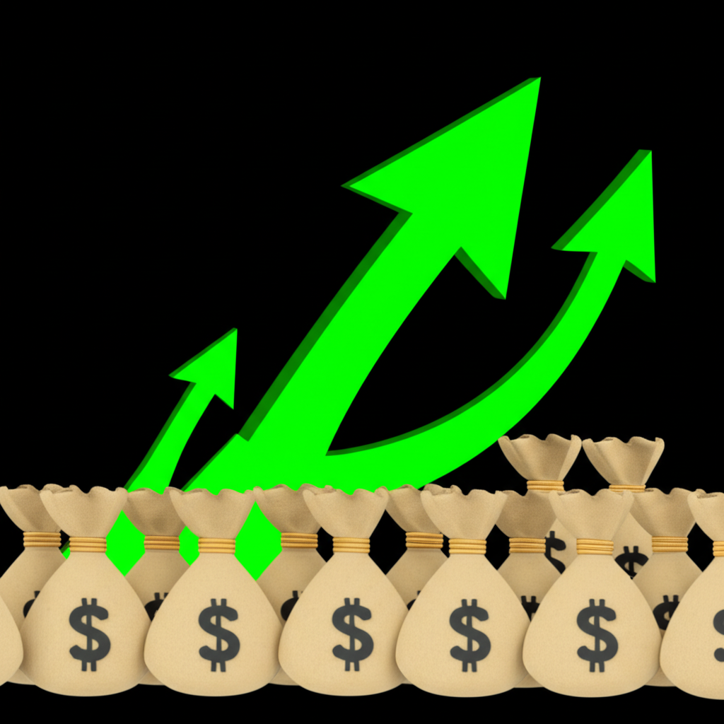 An illustration of a business thriving with money bags and growth arrows representing profitability and success