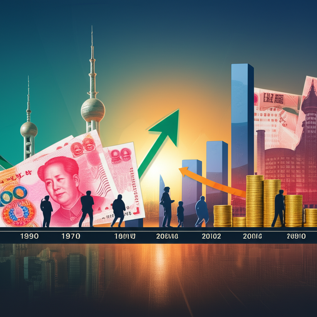 上證指數從一九九零年以來的歷史時間軸,融入中國經濟符號與成長圖表展示演進過程